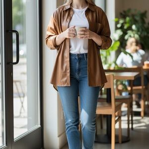 Fashion Nova Tan Faux Leather Oversized Jacket Womens Size M Button Up Collared